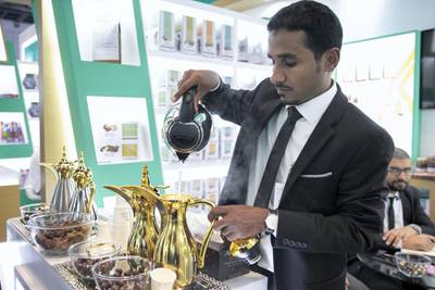 Dubai, UNITED ARAB EMIRATES - FEBRUARY, 18 2019.Coffee and dates exhibited at the Saudi pavilions in  UAE’s Gulfood exhibition in DWTC.(Photo by Reem Mohammed/The National)Reporter: Section:  NA