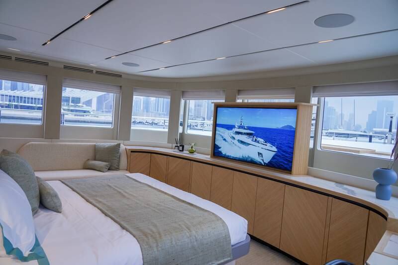 The master bedroom on Gulf Craft's sustainably built yacht at the Dubai International Boat Show. Mahmoud Rida / The National