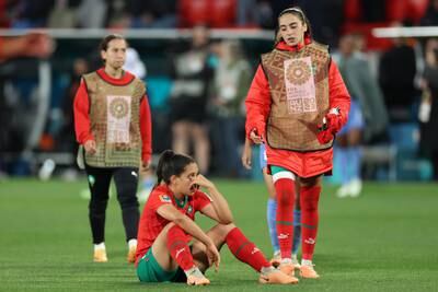 ADELAIDE, AUSTRALIA - AUGUST 08: Sakina Ouzraoui of Morocco shows dejection after the team’s 0-4 defeat and elimination from the tournament following during the FIFA Women's World Cup Australia & New Zealand 2023 Round of 16 match between France and Morocco at Hindmarsh Stadium on August 08, 2023 in Adelaide, Australia. (Photo by Cameron Spencer / Getty Images )