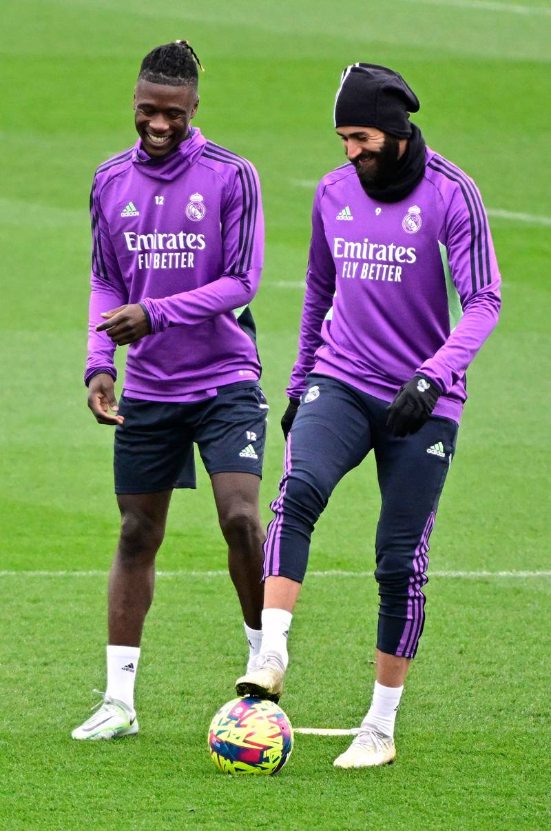 Real Madrid's Eduardo Camavinga and Karim Benzema attend a training session in Valdebebas. AFP