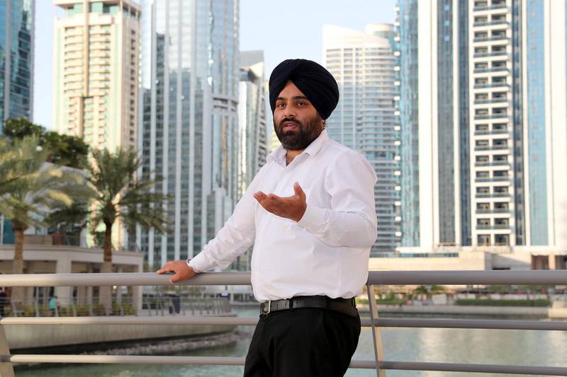 DUBAI, UNITED ARAB EMIRATES , September 20 – 2020 :- Angrej Singh Nangali from Punjab, India came to Dubai in 2011 and joined as a security guard because of giving financial support to his family back home. He was earning 1100 AED that time but now he is a building maintenance controller in one of the company in JLT in Dubai. His passion is singing and script writing. So far, he did 2 short movies and 2 under production, 10 video songs recorded and some plays also on social issues. He is going back to India end of this month and will only concentrate on his singing and movie writing.  (Pawan Singh / The National) For Arts&Culture/Online/Instagram.