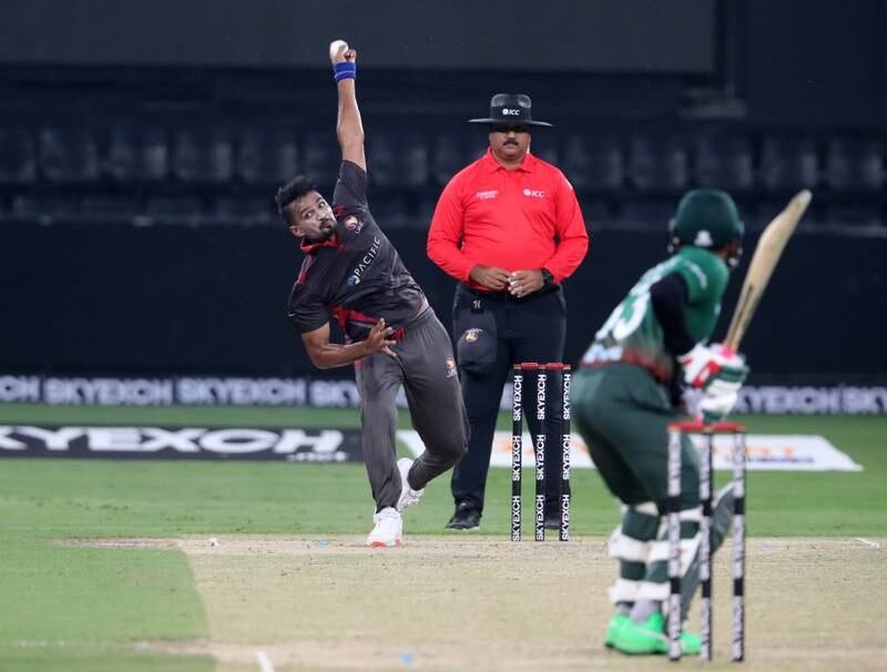 UAE's Sabir Ali finished with figures of 1-36 off his three overs.