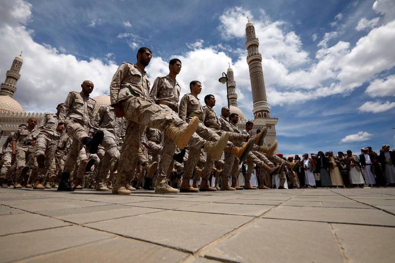 epa09163531 Pro-Houthi forces take part in a funeral service of a senior Houthi leader, a day after he died of complications of COVID-19 coronavirus, in Sana’a, Yemen, 27 April 2021. A senior Houthi leader Yahya Al-Shami, who is assistant supreme commander of the Houthi forces, has died of complications of COVID-19 coronavirus, a month after the death of his wife and son with the same pandemic. The Houthis have been covering up a breakout of coronavirus, coinciding with a surge in cases and deaths in southern regions controlled by Yemen’s internationally recognized government. The second wave figures of coronavirus infections in Yemen’s northern regions under Houthis control remain unclear amid a news blackout on the coronavirus COVID-19 pandemic’s toll due to limited testing capabilities in a county that has been devastated by six years of war.  EPA/YAHYA ARHAB