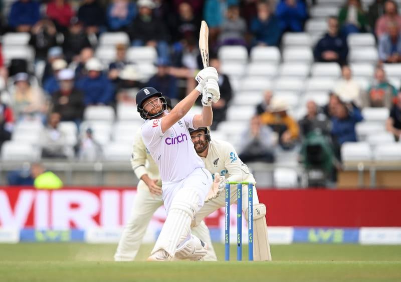 Jonny Bairstow smashes a six to take England to a seven-wicket victory over New Zealand on Day 5 of the third Test at Headingley on June 27, 2022. England won the series 3-0. Getty 