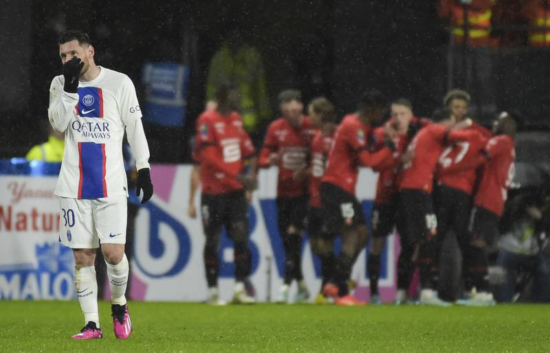 PSG's Lionel Messi reacts after Rennes' Hamari Traore scored his side's opening goal. AP Photo