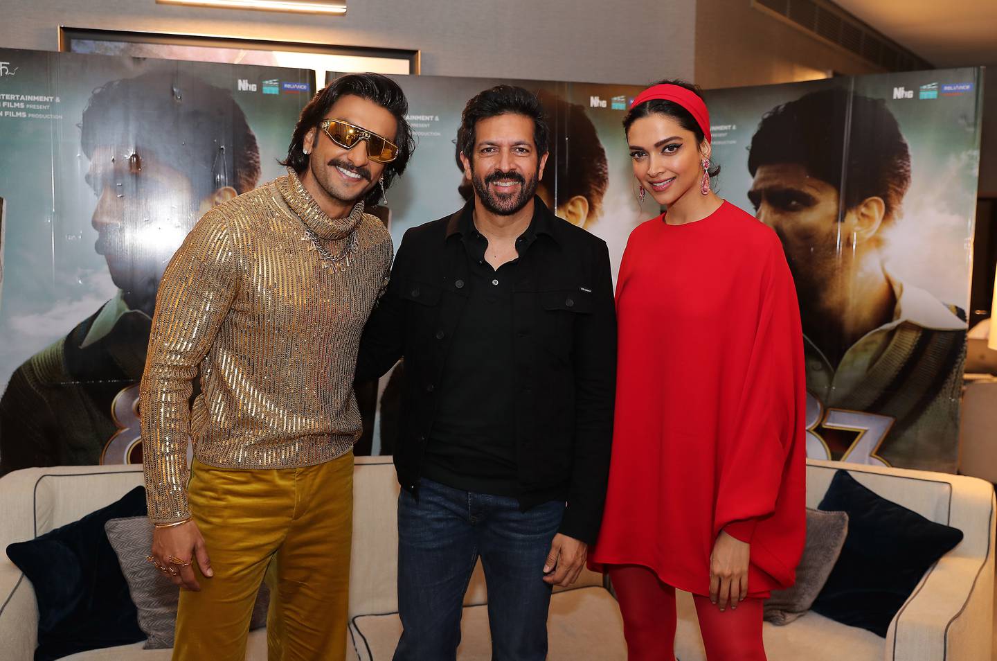 Ranveer Singh, director Kabir Khan and Deepika Padukone in Dubai to promote '83'. Pawan Singh / The National