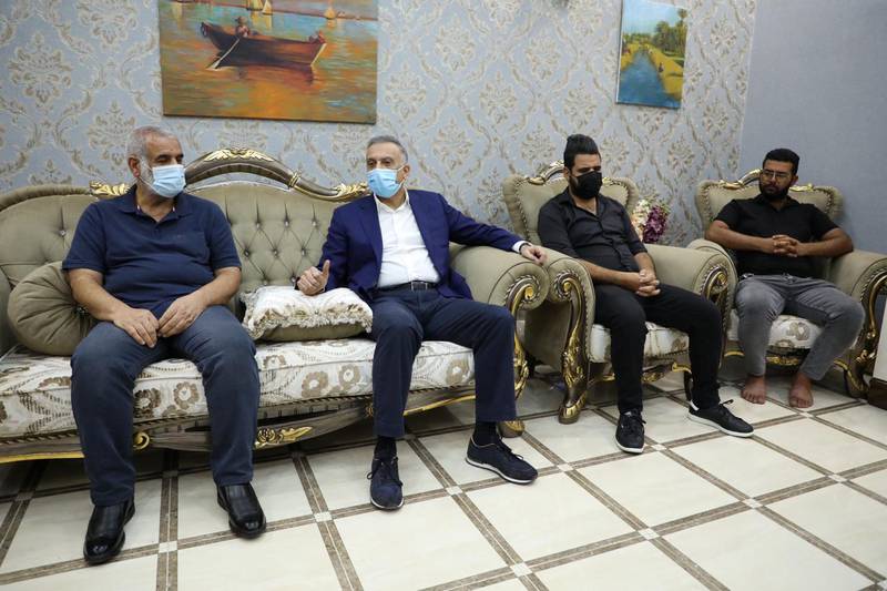 Iraqi Prime Minister Mustafa Al Kadhimi visits and offers condolences to the family of Reham Yacoub, a female activist who was killed by unidentified gunmen, in Basra, Iraq August 22, 2020.  Reuters