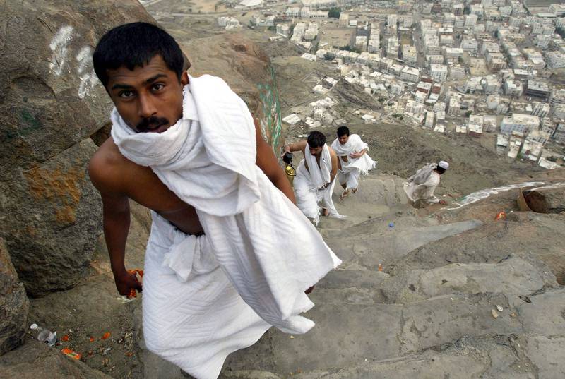Muslims performing Hajj in 2004 make their way to the summit of Jabal Al Nour near Makkah.