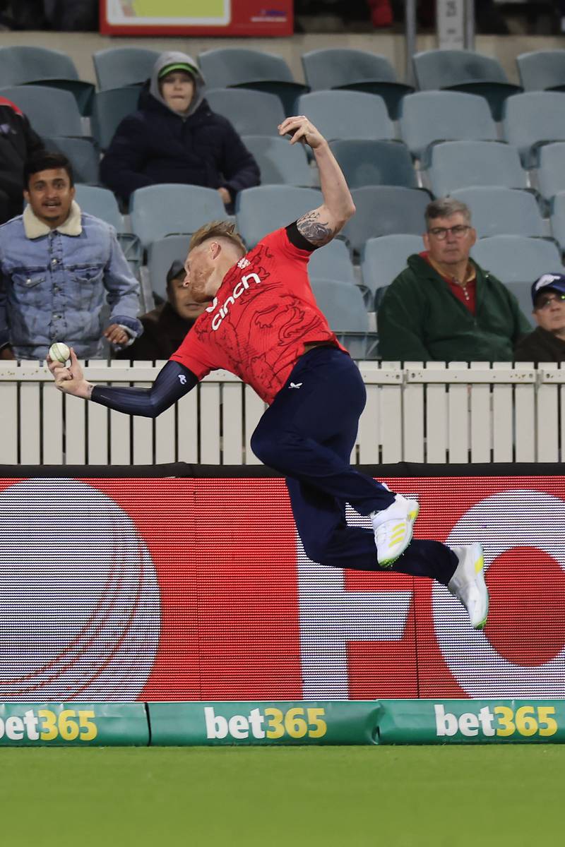 Ben Stokes of England saves a boundary from Mitchell Marsh of Australia. Getty
