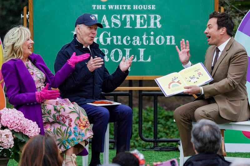 ‘Tonight Show’ host Jimmy Fallon reads his book ‘Nana’ to children with the help of Joe and Jill Biden. EPA