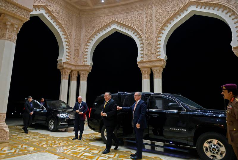 US Secretary of State Mike Pompeo arrives for the meeting with Sultan of Oman Qaboos bin Said al-Said. Reuters