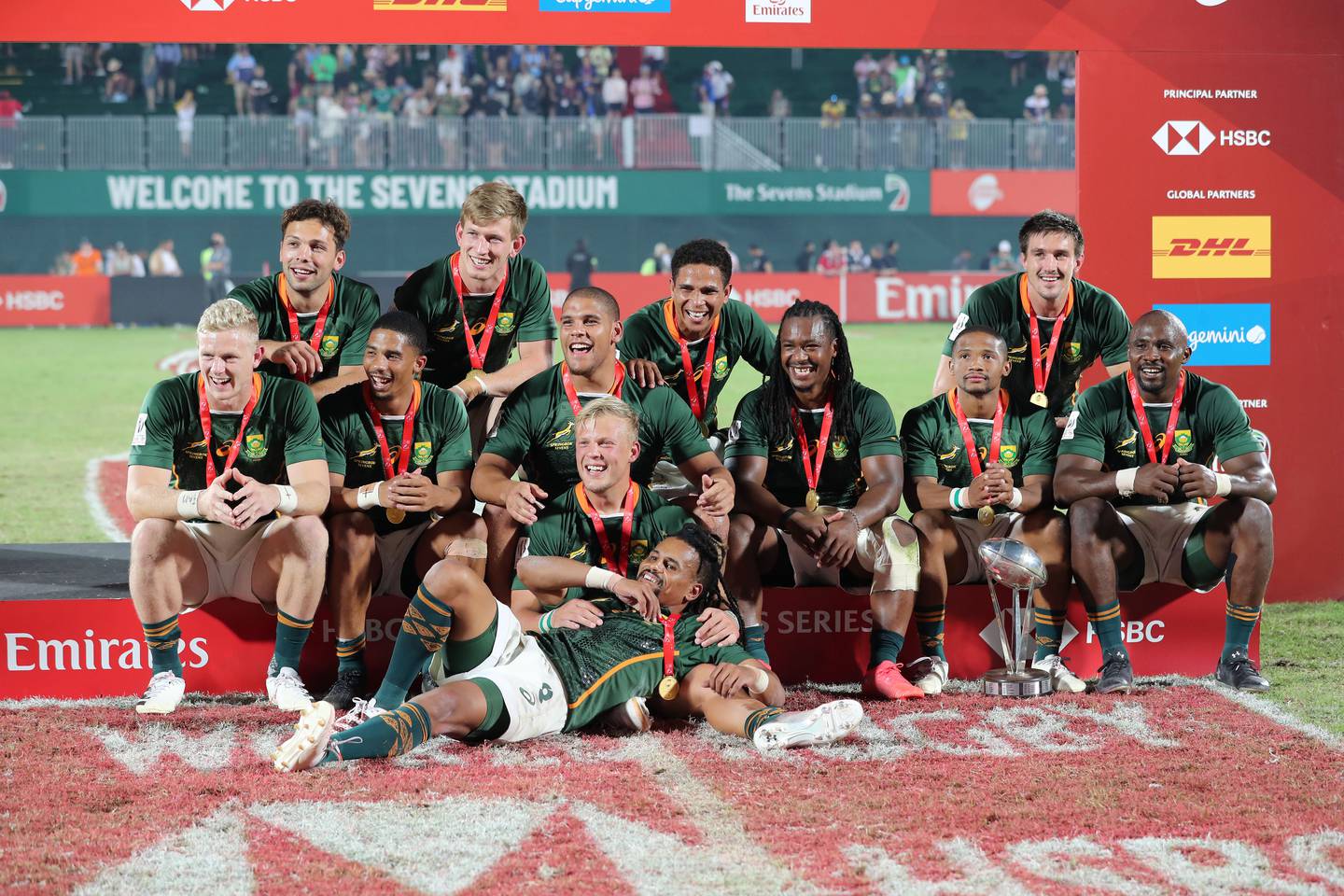 South Africa celebrate winning the men's HSBC World Rugby Sevens series in Dubai on December 4, 2021. Chris Whiteoak / The National