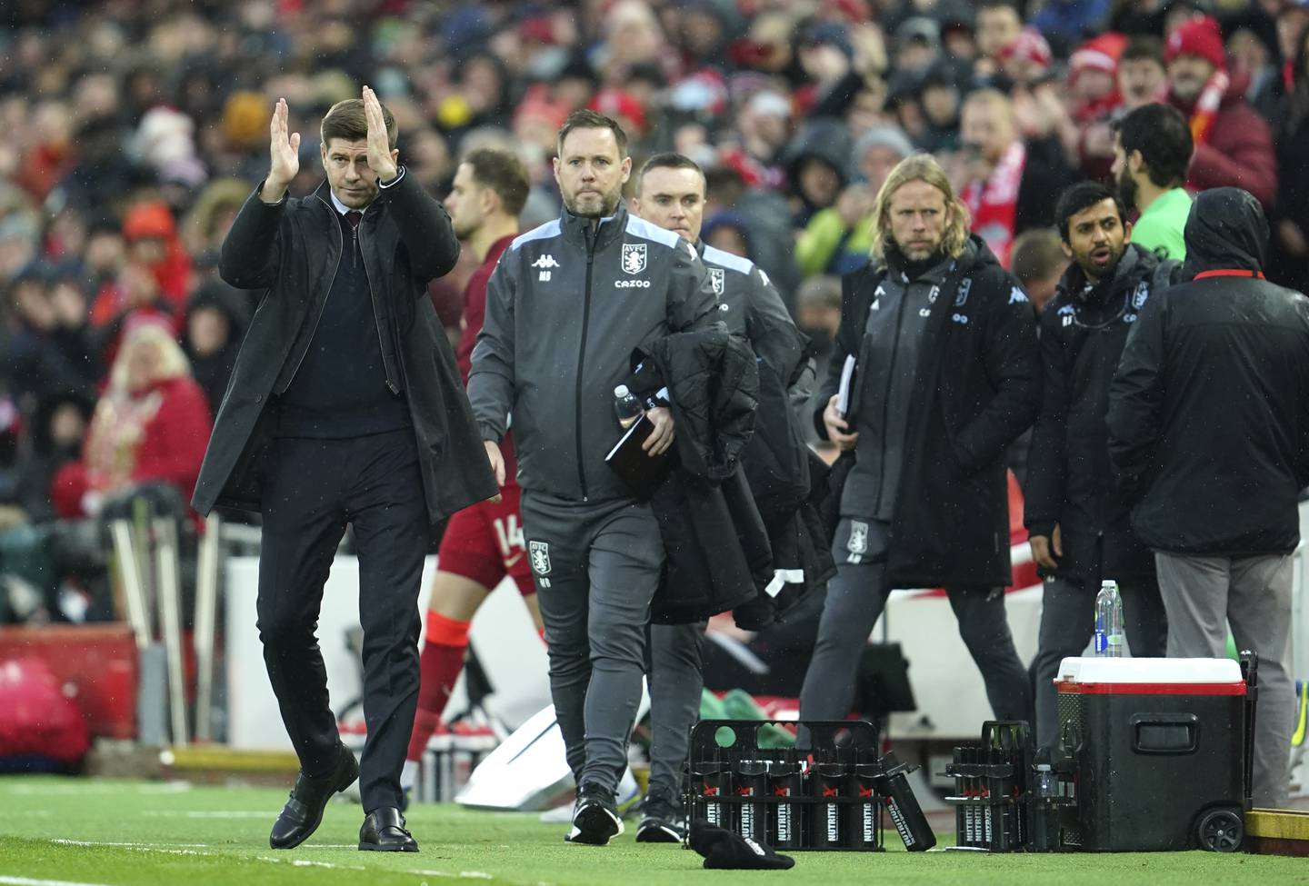 Aston Villa manager Steven Gerrard, left, before the Premier League match against Liverpool at Anfield in December, 2021. Liverpool won the game 1-0. AP