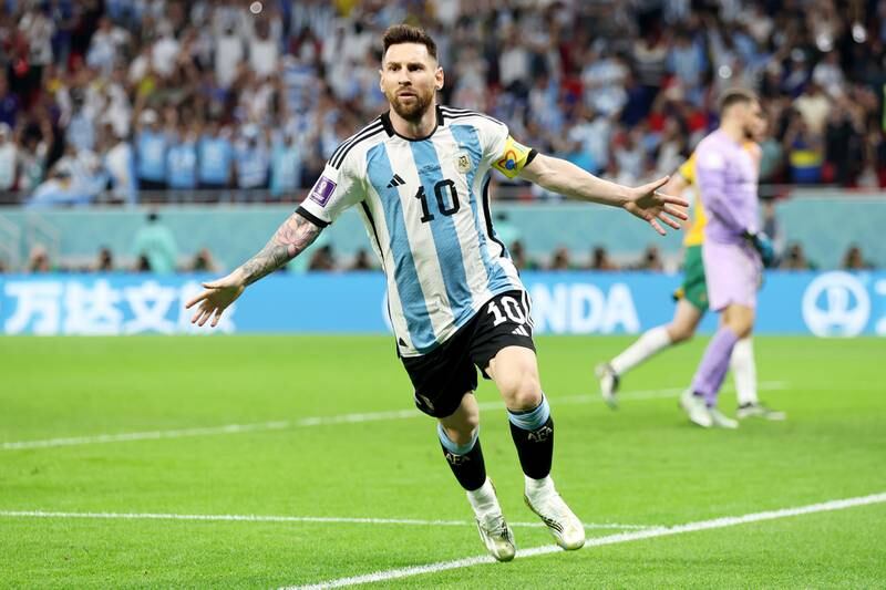 Lionel Messi celebrates after scoring the opening goal for Argentina in their 2-1 World Cup last-16 win over Australia at Ahmad bin Ali Stadium in Doha, on Sunday, December 3, 2022.