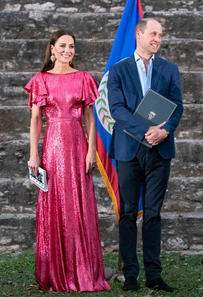 Catherine, Duchess of Cambridge and Prince William, Duke of Cambridge, in a metallic pink gown by The Vampire's Wife, attend a special reception in Cahal Pech, Belize on March 21, 2022. Getty Images