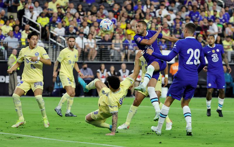 Chelsea winger Hakim Ziyech shoots during the pre-season friendly match between Chelsea and Club America at Allegiant Stadium on July 16, 2022 in Las Vegas, Nevada.    Getty
