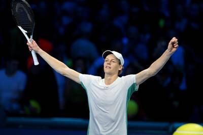 Jannik Sinner of Italy celebrates winning his singles semi-finals match against Danil Medvedev of Russia at the Nitto ATP Finals tennis tournament in Turin. EPA