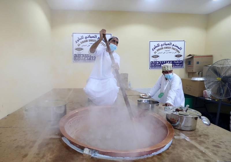 Sharjah, United Arab Emirates - Reporter: Razmig Bedirian. Arts. A gentlean makes Omani sweets at the Heart of Sharjah for Sharjah Heritage Days. Monday, March 22nd, 2021. Sharjah. Chris Whiteoak / The National