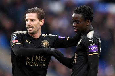 PETERBOROUGH, ENGLAND - JANUARY 27:  Fousseni Diabate of Leicester City celebrates scoring his side's fourth goal with Adrien Silva during The Emirates FA Cup Fourth Round match between Peterborough United and Leicester City at ABAX Stadium on January 27, 2018 in Peterborough, England  (Photo by Michael Regan/Getty Images)