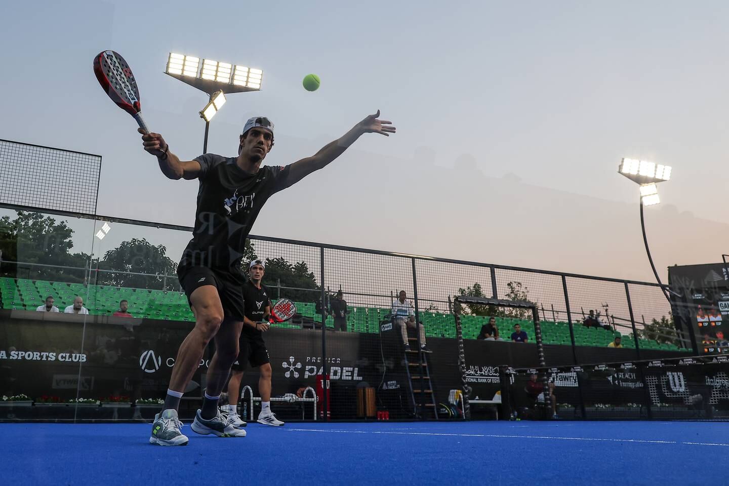 Alejandro Galan and Juan Lebron of Spain in action at the New Giza Premier Padel P1 tournament at New Giza Sports Club. Photo: Premier Padel