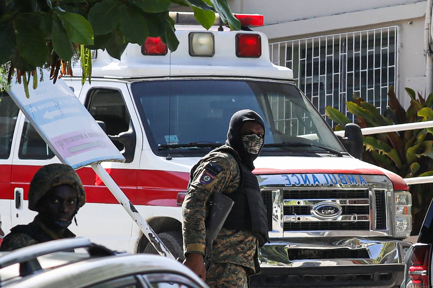Haitian soldiers patrol hospital where Haitian first lady Martine Moise was taken after the attack in Port-au-Prince.  AFP