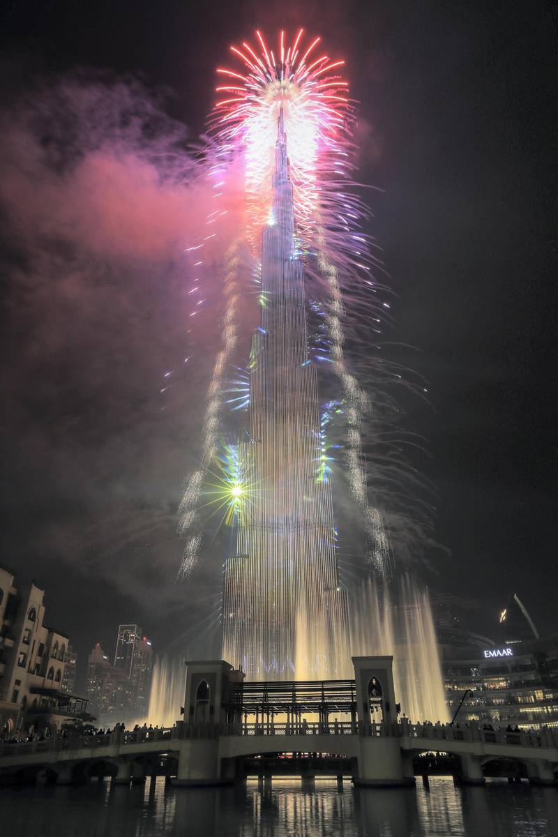 Dubai, U.A.E. .   December 31, 2018.   New Years' Eve celebrations of fireworks and light show at The Burj Khalifa and Downtown Dubai area.Victor Besa / The NationalSection:  NAReporter: