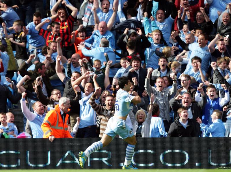 Sergio Aguero celebrates scoring the winner against QPR at the Etihad Srtadium that sealed Manchester City the Premier League title in May 2012. PA