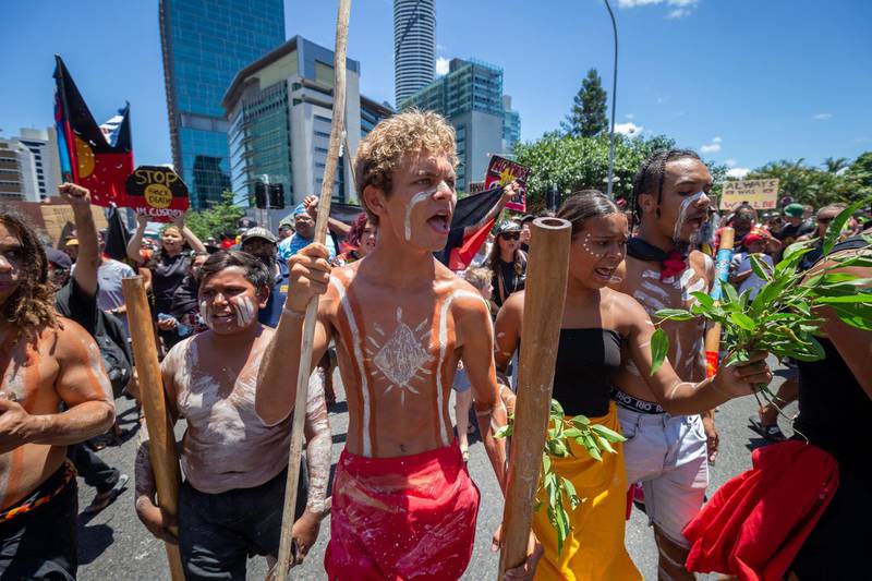 'Invasion Day' protesters march down a street during Australia Day in Brisbane, Australia, 26 January 2019. EPA