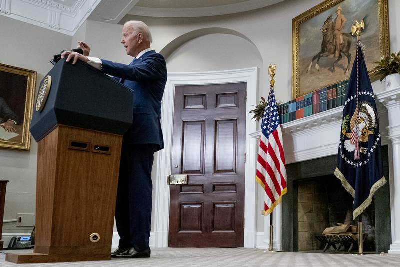 President Joe Biden speaks about the war in Ukraine in the Roosevelt Room at the White House in Washington. AP