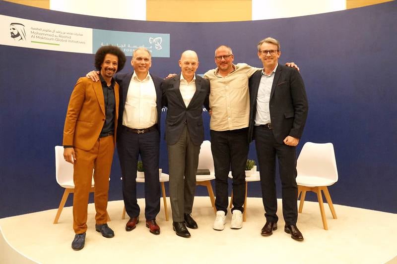 Panel moderator Flo Akinbiyi, left, pictured with Brian de Francesca, , Guido De Wilde, Jonathon Leonard, and Adrian Topp who took part in the panel discussion titled ‘Real Men, Real Talk: cancer happens, what’s next?’ held at Al Jalila Foundation in Dubai.  Al Jalila Foundation.