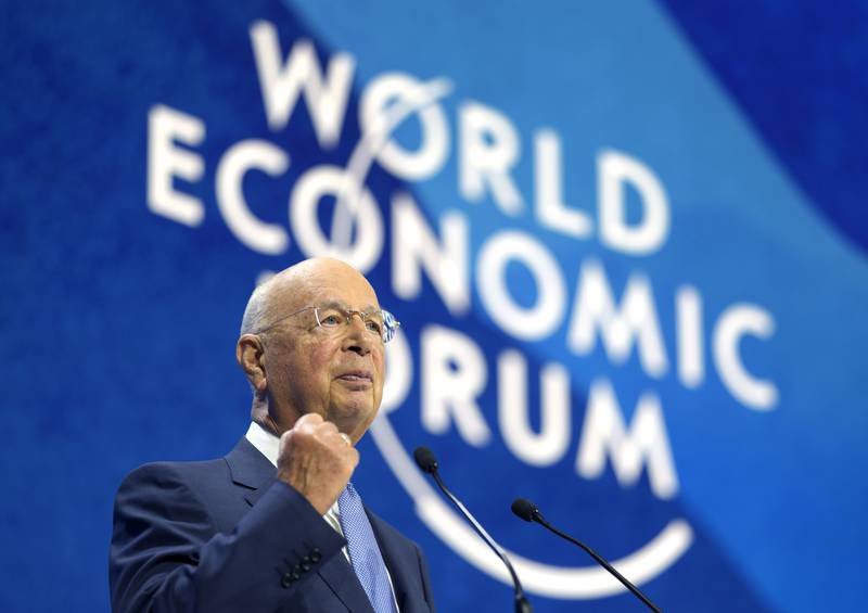 Klaus Schwab, President and founder of the World Economic Forum, delivers his opening speech at the event in 2020. AP 