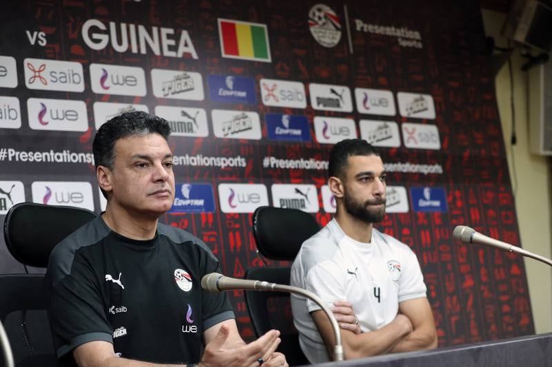 Ehab Galal, new head coach of the Egypt national team, and player Amro El Solia, right, during a press conference at Cairo International Stadium.