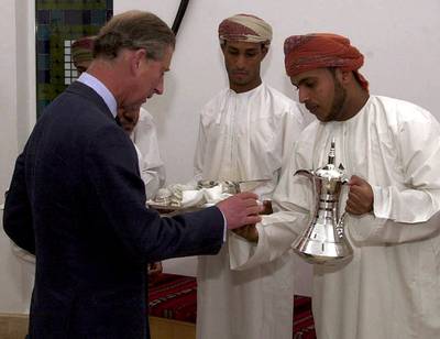 The British royal is served Arabic coffee during a visit to Bait Al Zubair in Muscat in 2003. Reuters