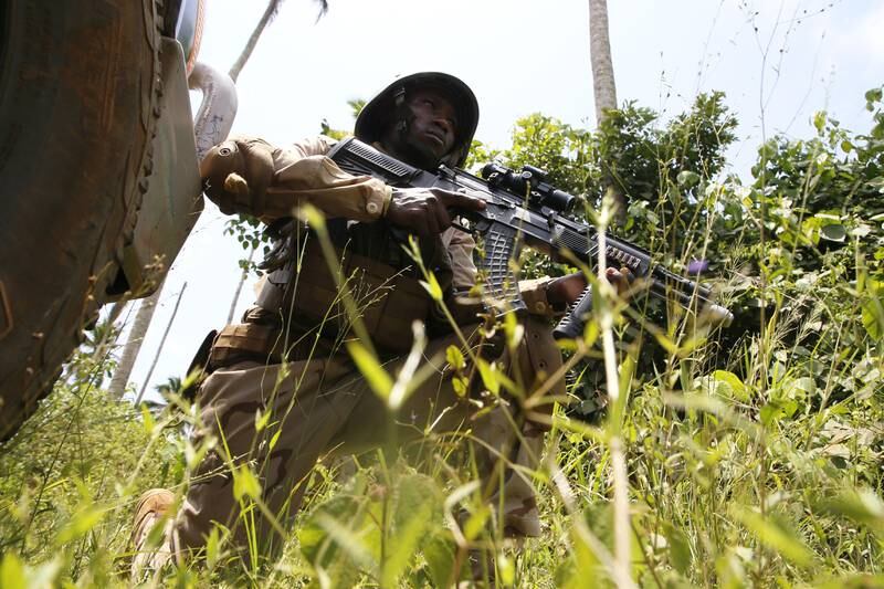 A Nigerien special forces soldier takes part in a US Africa Command annual special operations event in Jacqueville, Ivory Coast, this month. EPA