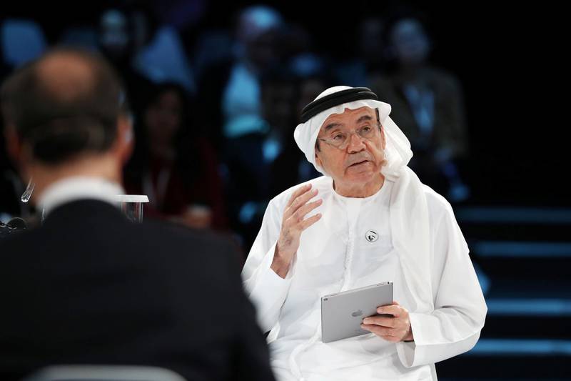 Abu Dhabi, United Arab Emirates - April 08, 2019: HE Zaki Nusseibeh, UAE Minister of State speaks on the topic of Cultural diplomacy and responsibility in the age of technology at the Culture Summit 2019. Manarat Al Saadiyat, Abu Dhabi. Chris Whiteoak / The National