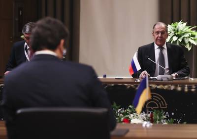 Russian Foreign Minister Sergey Lavrov in talks with Ukrainian counterpart Dmytro Kuleba during a tripartite meeting chaired by Turkish Foreign Minister Mevlut Cavusoglu, in Antalya, Turkey. AP