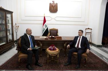 Iraq's President Barham Salih meets with new prime minister designate Adnan Al Zurfi in Baghdad, Iraq on March 17, 2020. The Presidency of the Republic of Iraq Office Handout via Reuters