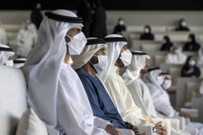 Sheikh Nahyan bin Zayed, chairman of the board of trustees of Zayed bin Sultan Al Nahyan Charitable and Humanitarian Foundation, second left, at the lecture.
