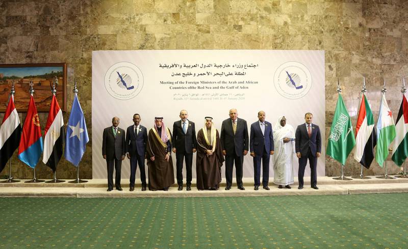 Foreign ministers of Arab and African countries of the Red Sea and Gulf of Aden pose for a group photo during a meeting in Riyadh, Saudi Arabia, January 6, 2020.  REUTERS/Ahmed Yosri     NO RESALES. NO ARCHIVES.