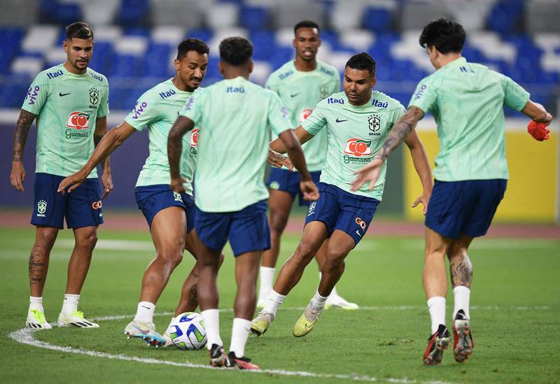 Brazil midfielder Casemiro, second right, during training at the Mangueirao stadium. AFP