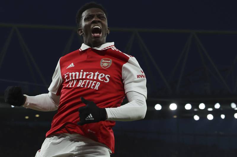 Arsenal's Eddie Nketiah celebrates. AP