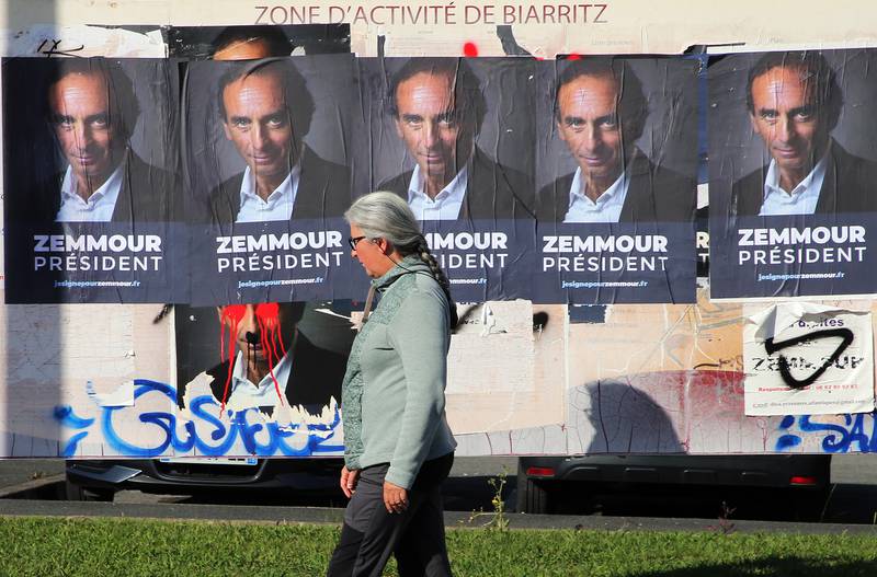 Posters for hard-right talk-show star Eric Zemmour in Biarritz, south-western France, on October 26. AP