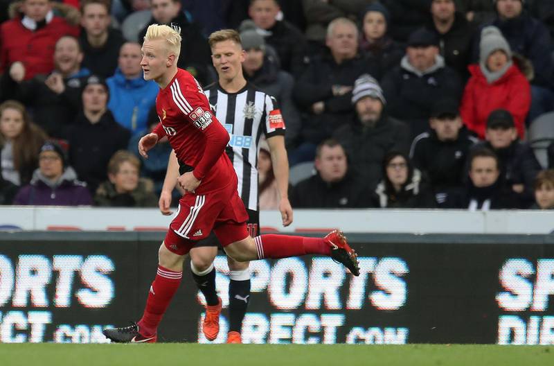 NEWCASTLE UPON TYNE, ENGLAND - NOVEMBER 25: Will Hughes of Watford celebrates scoring his sides first goal during the Premier League match between Newcastle United and Watford at St. James Park on November 25, 2017 in Newcastle upon Tyne, England.  (Photo by Steve Welsh/Getty Images)