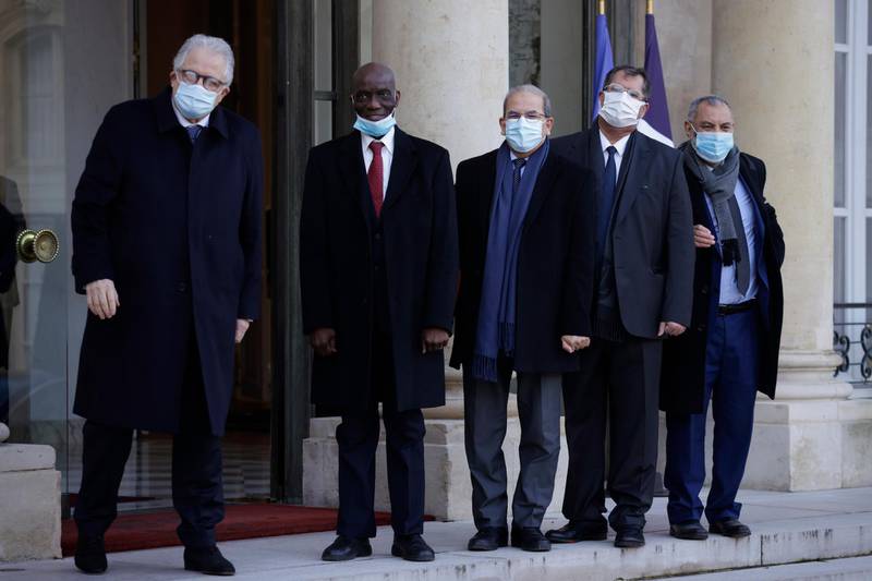 epa08945812 Paris Mosque Rector Chems-Eddine Hafiz (L), President of the French Council of the Muslim Faith (CFCM) Mohammed Moussaoui (C) and other CFCM representatives including Assani Fassassi (2-L) arrive at the Elysee Palace for a meeting with French President Emmanuel Macron in Paris, France, 18 January 2021.  EPA/YOAN VALAT
