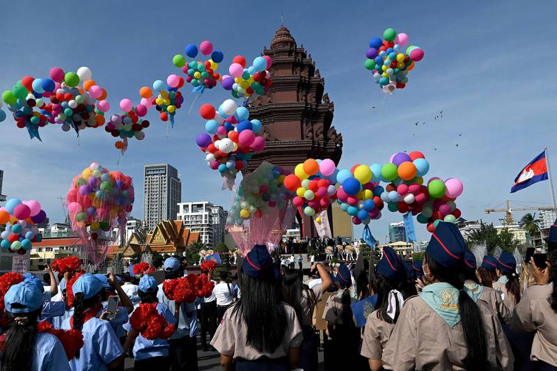 Balloons are released at a ceremony marking Cambodia's 69th Independence Day celebrations in Phnom Penh. AFP