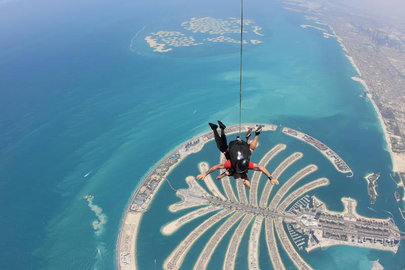 DUBAI,UAE - JUNE 17: Arci Munoz aka Ramona Thornes in freefall over the man made Palm Jumeirah Island in Dubai, United Arab Emirates, on June 17, 2018. (Photo by Skydive Dubai/Getty Images)