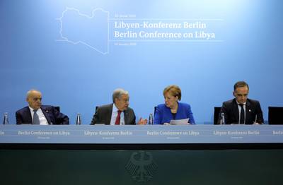 UN Special Envoy for Libya, Ghassan Salame, Secretary General of the United Nations (UN), Antonio Guterres, German Chancellor Angela Merkel and German Foreign Minister Heiko Maas attend a press conference on the International Libya Conference in Berlin. Getty Images