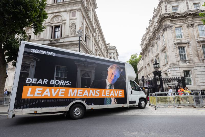 Campaign organisation 38 Degrees parked a removal van outside Downing Street, London, on Tuesday, as they arrived with a petition demanding Prime Minister Boris Johnson stands down immediately. PA