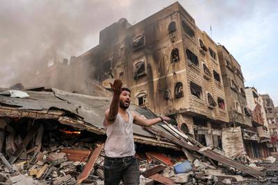 A collapsed building after an Israeli bombardment in Gaza City. AFP