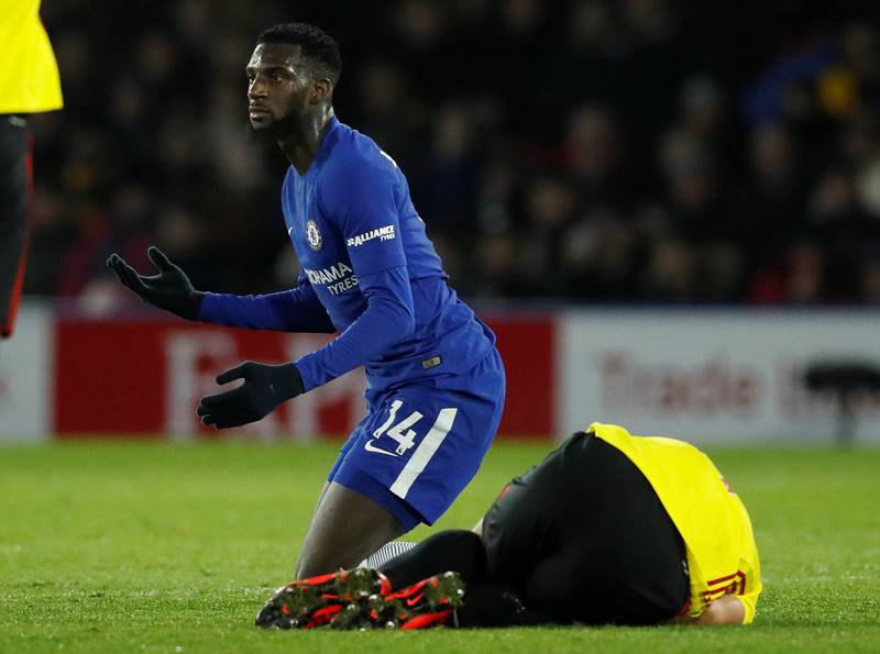 Soccer Football - Premier League - Watford vs Chelsea - Vicarage Road, Watford, Britain - February 5, 2018   Chelsea's Tiemoue Bakayoko reacts before being sent off for a foul on Watford's Richarlison                REUTERS/David Klein    EDITORIAL USE ONLY. No use with unauthorized audio, video, data, fixture lists, club/league logos or "live" services. Online in-match use limited to 75 images, no video emulation. No use in betting, games or single club/league/player publications.  Please contact your account representative for further details.